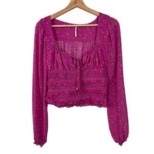 Free People Women's Sz XS Lolita Top Pink Floral Coquette Milkmaid Boho Festival